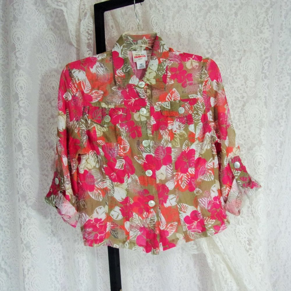 Ruby Rd, Blouse, Burnout Style, Olive and Pink, Size 10 Petite, NWOT